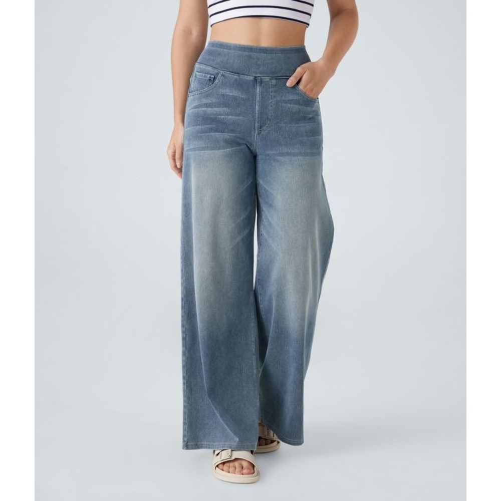 Halara Flex High Waisted Pockets Baggy Wide Leg Washed Casual Jeans Blue Medium